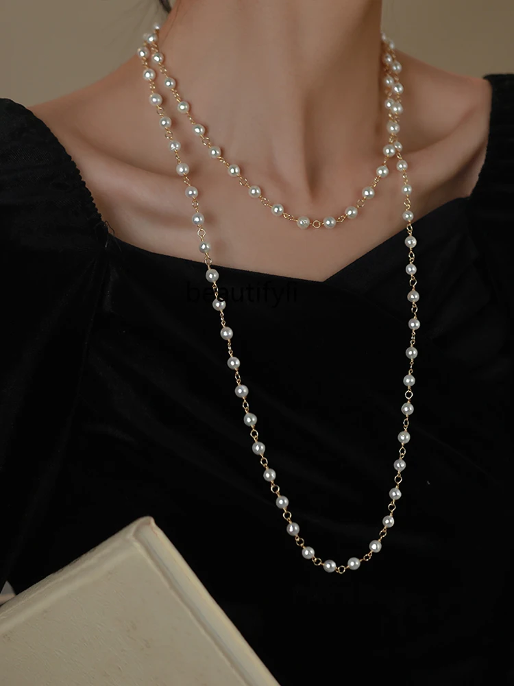 

Natural freshwater long pearl necklace, women's high sense stacked collarbone temperament neck chain