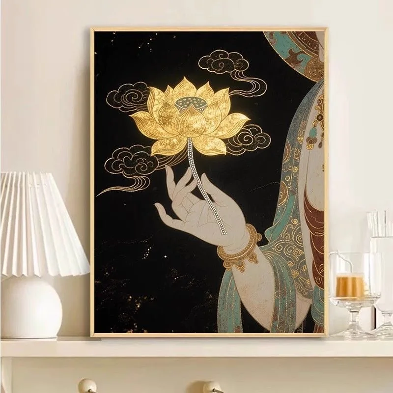 2025 طقم تطريز ديني عبر الغرز قوانيين الذهبي لوتس نمط مطبوعة اللوحة ديكور غرفة التطريز للبالغين #3