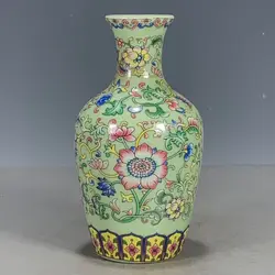 Chinese Green Famille Rose Porcelain Qing Qianlong Lotus Pattern Vase 5.78 inch