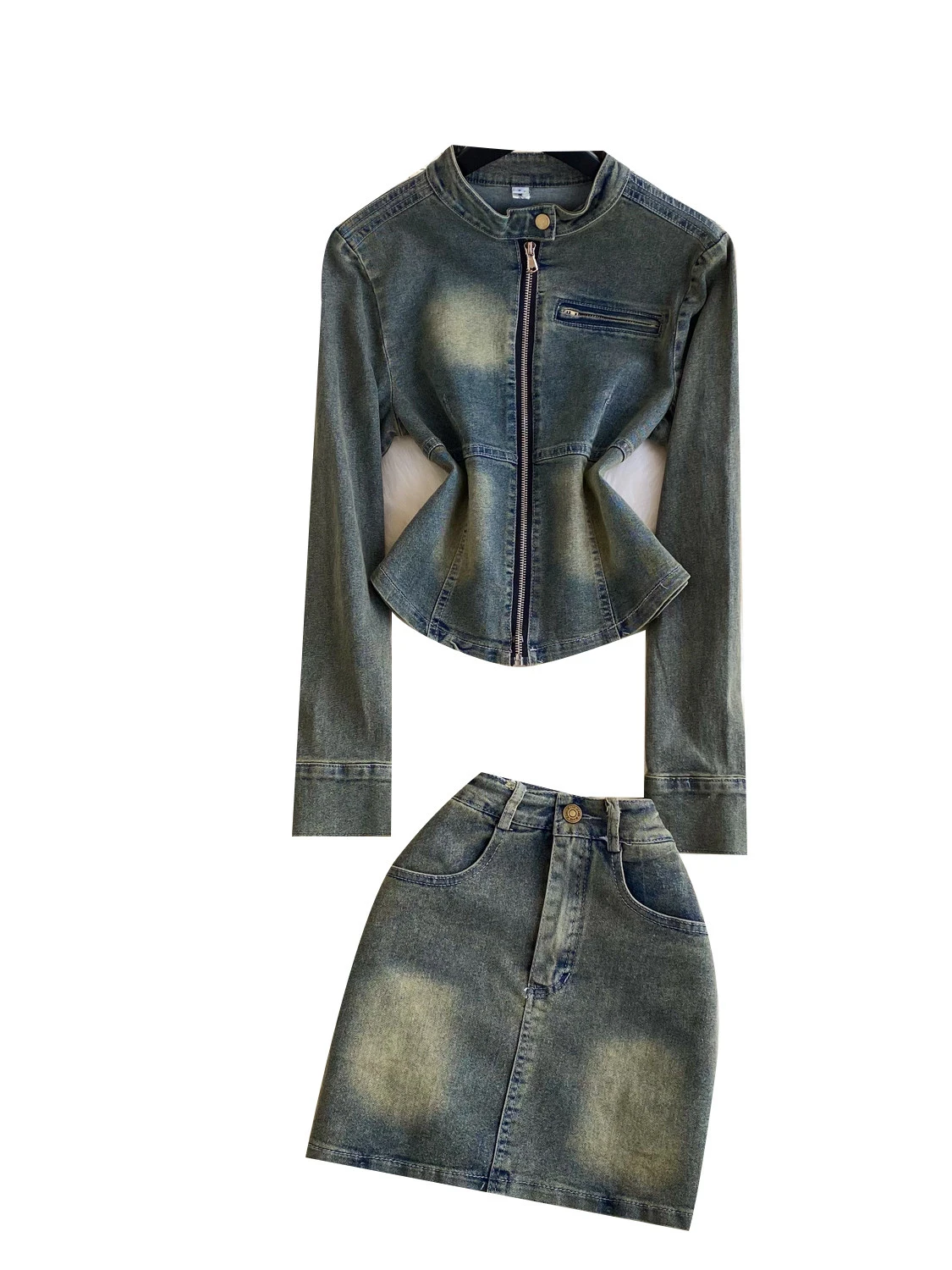 Women's Matching Sets Slim Fit Zipper Denim Jacket Shorts Set Sexy Bodysuit 2 Piece Jean Outfit for Feminino Girls