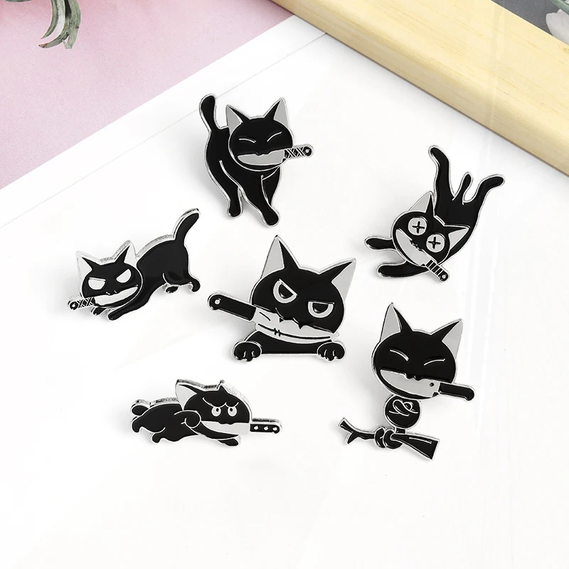 Badge for Shirt Coat Lapel Pins Cartoon Pines Jewelry Gifts for Friend Kids Killer Cat Enamel  Brooch Funny Animal Kitten Knife