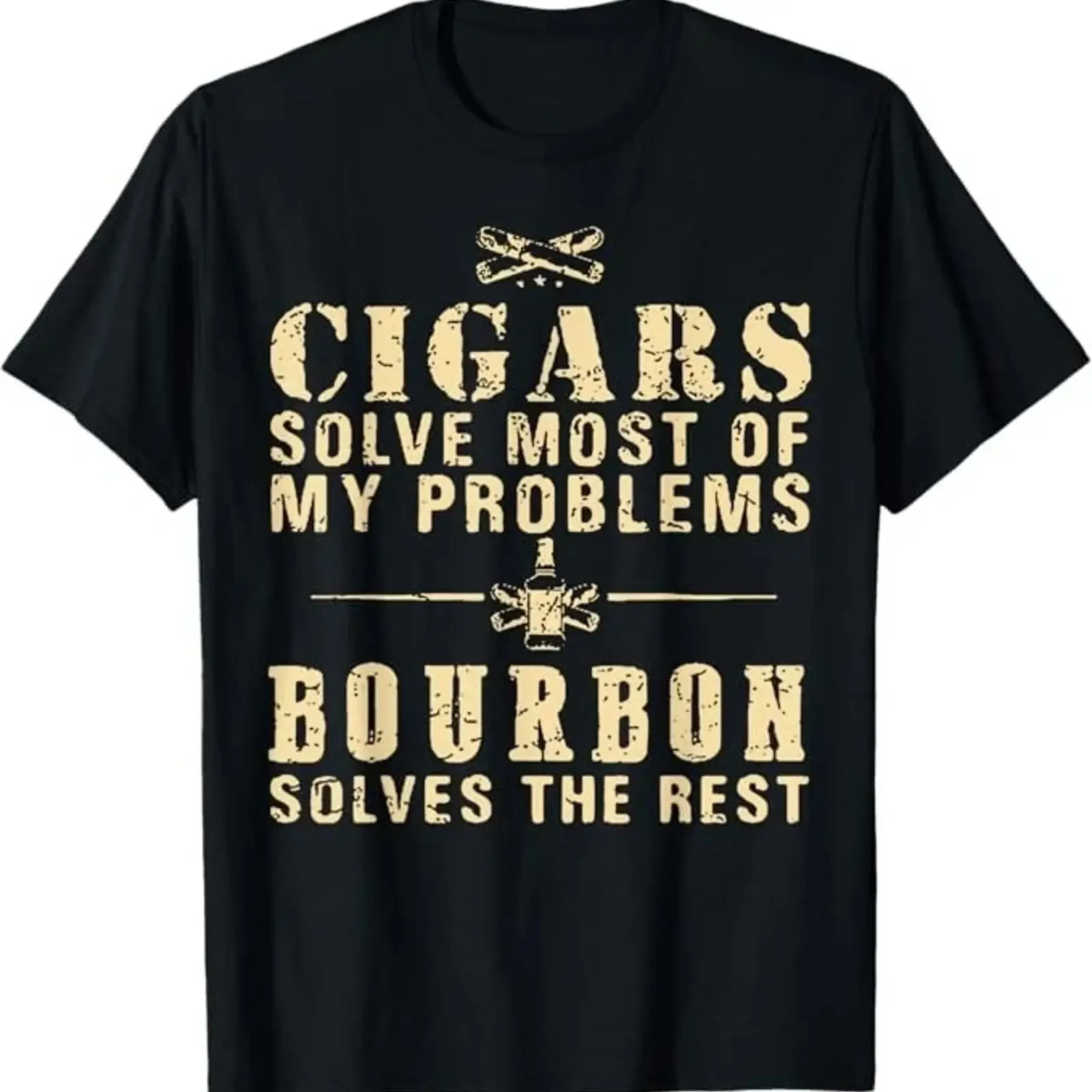 Cigars Solve Most Of My Problems Bourbon Does The Rest T Shirt vintage Washed streetwear Casual Top For Everyday Wear Stretched