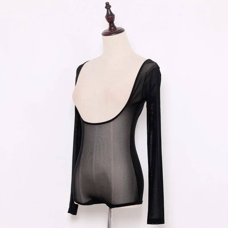 Mesh belly dance costumes senior long sleeves belly dance body top for women belly dance Sexy Transparent Nude Black Long Tops