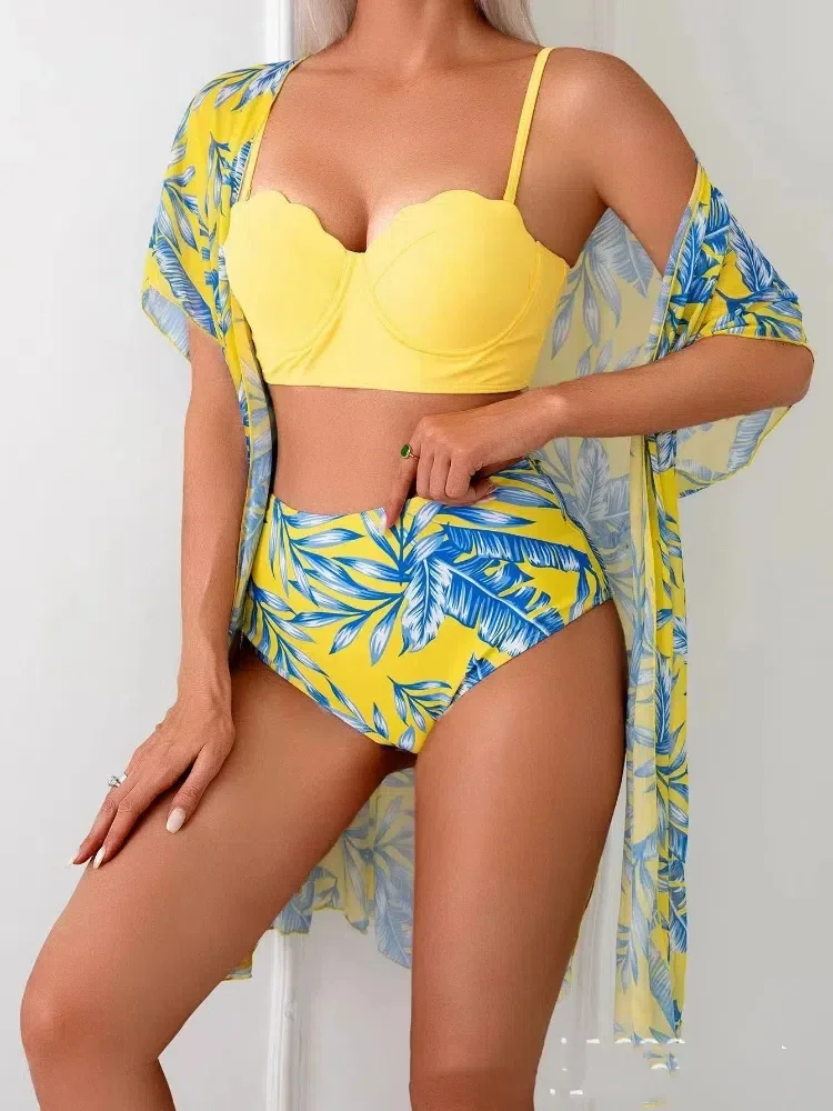 

Women's Maple Leaf Bikini Set Sexy High Waist Panties Two-Piece with Sheer Cover-Up Slimming Swimwear Summer Outfits Swimsuit