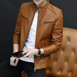 Men Faux Leather Jacket Men Fleece Lining Jacket Men's Fleece-lined Stand Collar Jacket Stylish Pleated for Autumn/winter