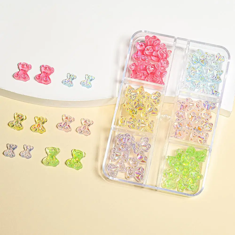 60 Stks/doos Sparkle Aurora Schattige Beer Hars Nail Art Deco Mixen-Formaat 3d Kawaii Aurora Beer Kawaii Mooie Platte Bodem Beer Nagel Deel