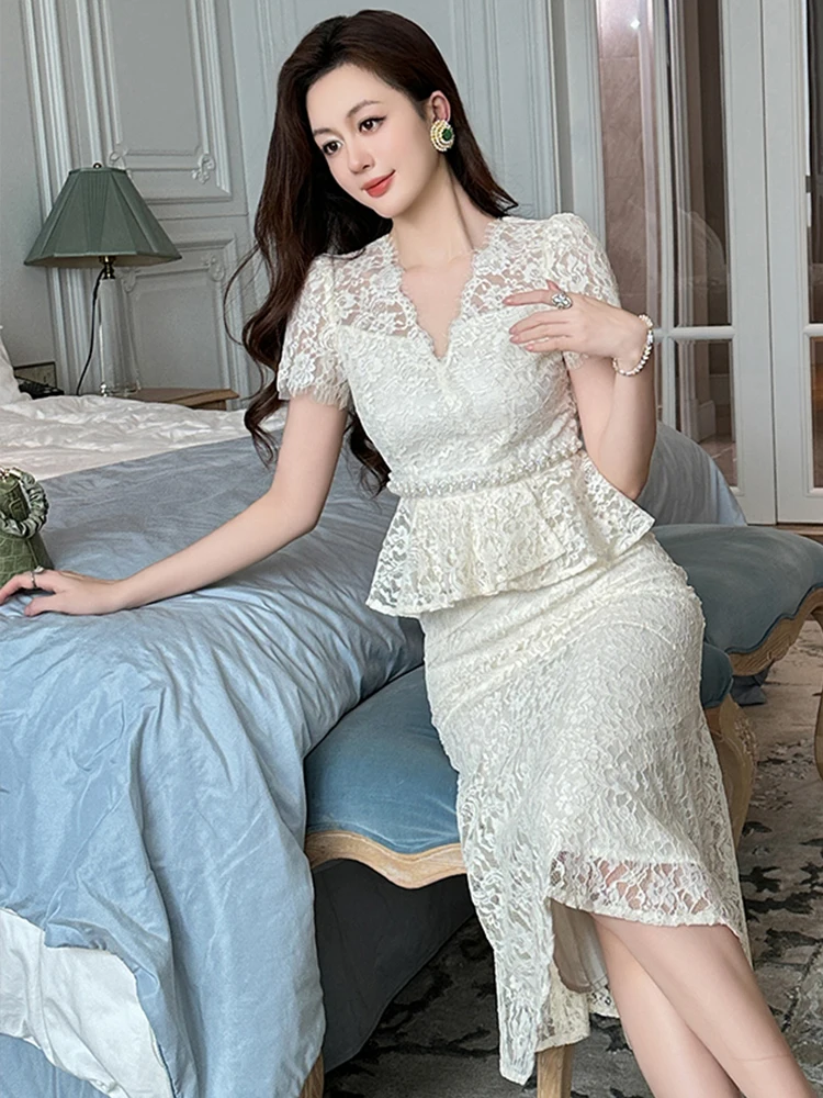Francese elegante falso 2 pezzi abito da sera da sera da donna dolce squisito pizzo trasparente con volant a coda di pesce abito da ballo di compleanno per signora Vestido