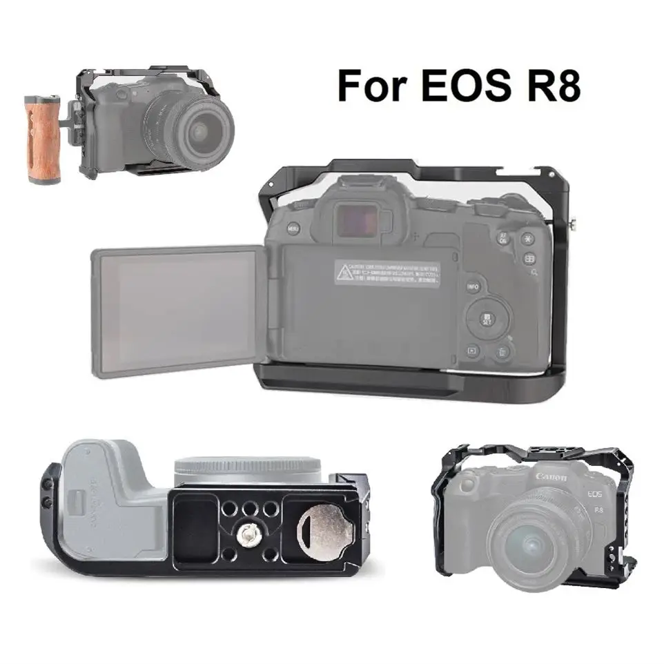 Protective Frame Camera Cage for Canon EOS R8 with Arca Base,Cold Shoe,Strap Slot,1/4 3/8 in Screw Hole, for Vlog Video Shooting