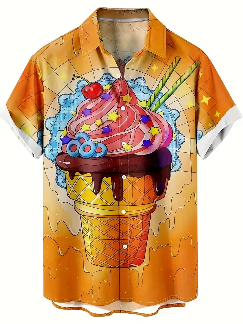 

Мужская гавайская рубашка с мультяшным принтом мороженого, повседневная рубашка с коротким рукавом на пуговицах, дышащая пляжная рубашка с воротником-лацканом