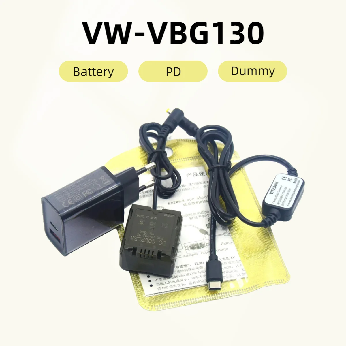 VW-VBG130 VBG6 Dummy Battery+PD Power Adapter+USB C Cable For Panasonic HS250 SD700 TM200 SDR-H20 HDC-DX1 PV-GS80 VDR-D50 HS600