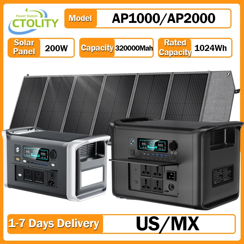 

CTOLITY 2400W Camping Power Station 2048Wh Lifepo4 1600W 110V AC Output Portable Solar Generator 200W 20.5V Flexible Solar Panel