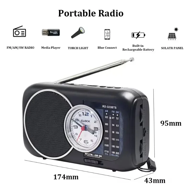 SG-323BTS Solar Panel Wireless Link Multi-band Radio with Usb Tf Card Torch Light Recharge Battery with Clock Radio Bluetooth