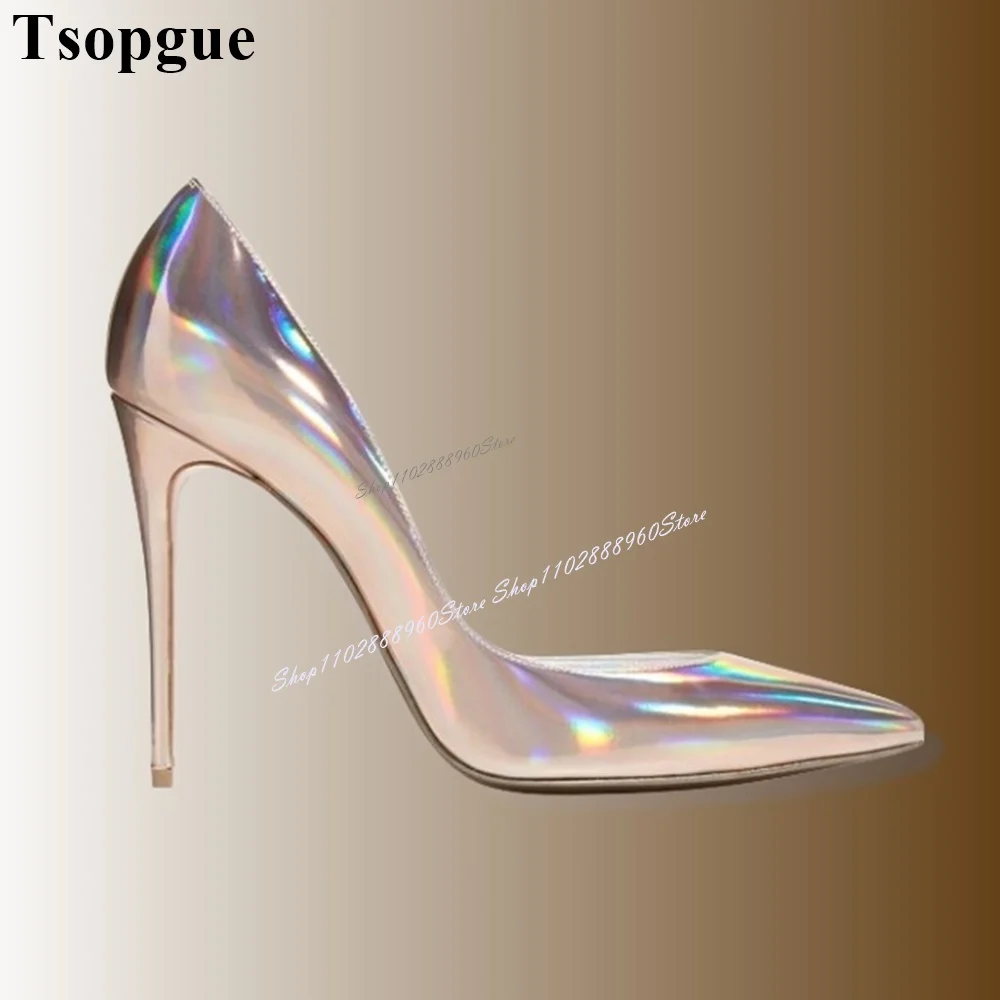 Silver Metallic Leather Simple Style Shallow Pumps Stilettos High Heel Women Shoes Slip-On Pointed Toe 2024 Zapatos Para Mujere