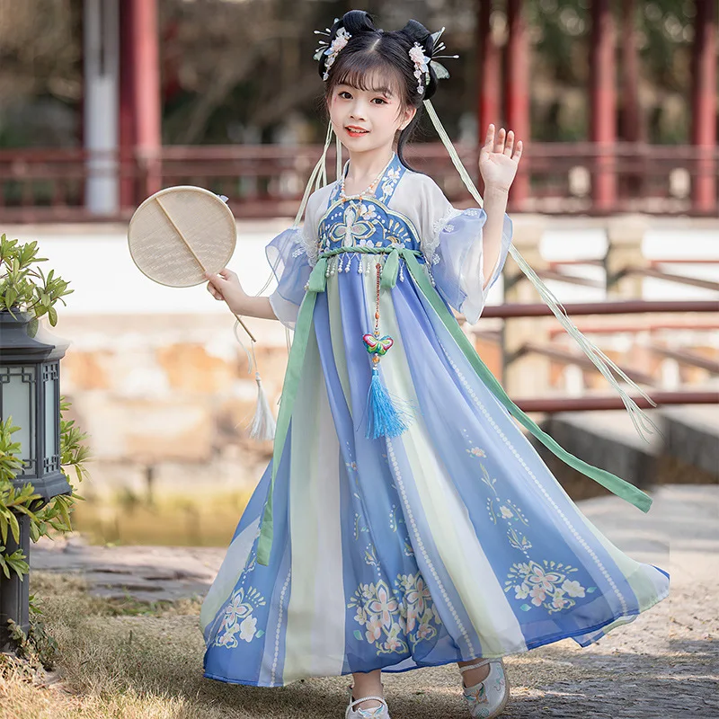 

Trumpet Short Sleeved Traditional Chinese Girl's Dresses Tang Stamp Long Length Blue Princess Casual Costume