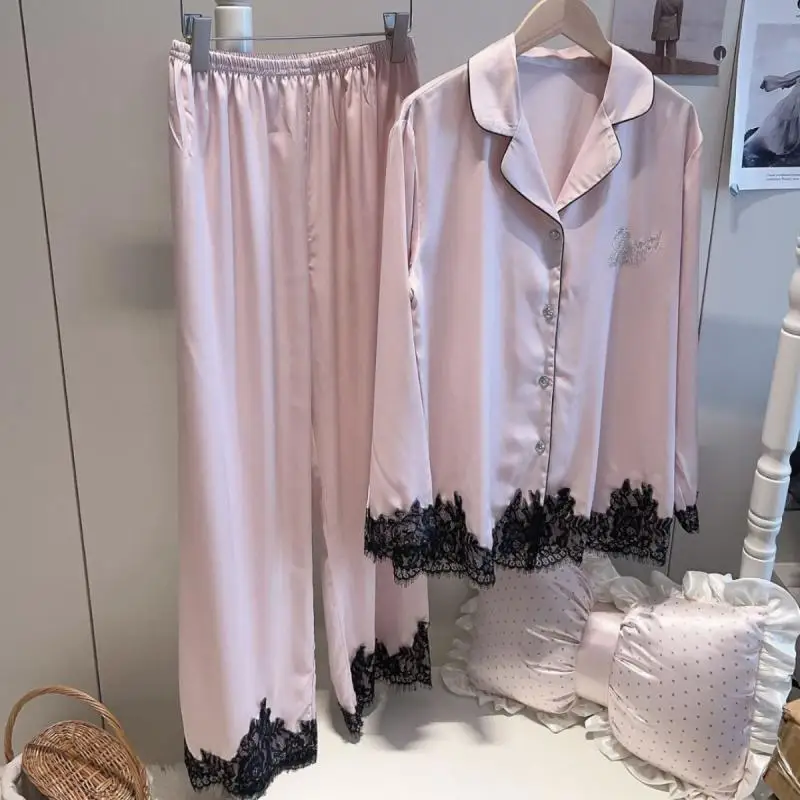 

Luxury Big Lace Trim Pajamas Set Women Elegant Sleepwear Satin Top Pants Rhinestone Swan Print Home Clothing Loungewear 2Pcs