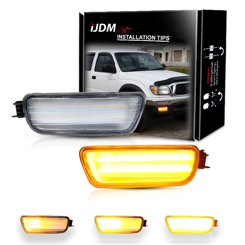 2pc Car Front Bumper Sequential Amber Turn Signals Lights Assembly For Toyota Tacoma 2WD / 4WD Coupe White LED Parking/DRL 01-04