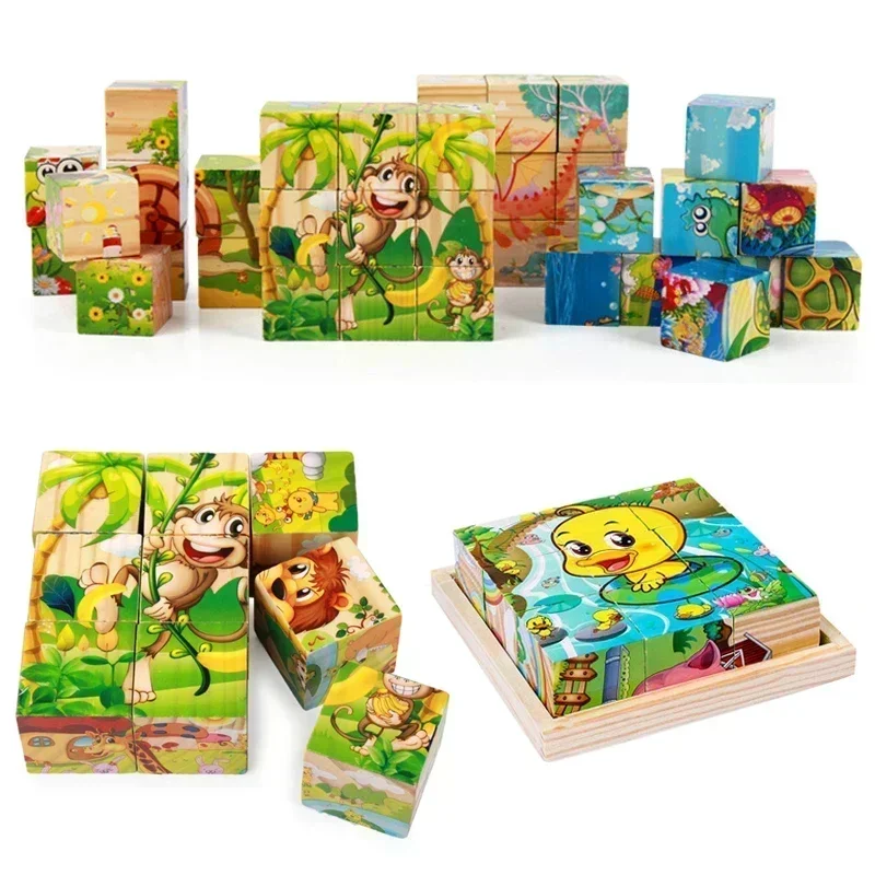 3D Cube Wooden Puzzle Children's Nine Pieces Six-sided Wooden Block Tray Children's Montessori Learning Educational Puzzle Toys