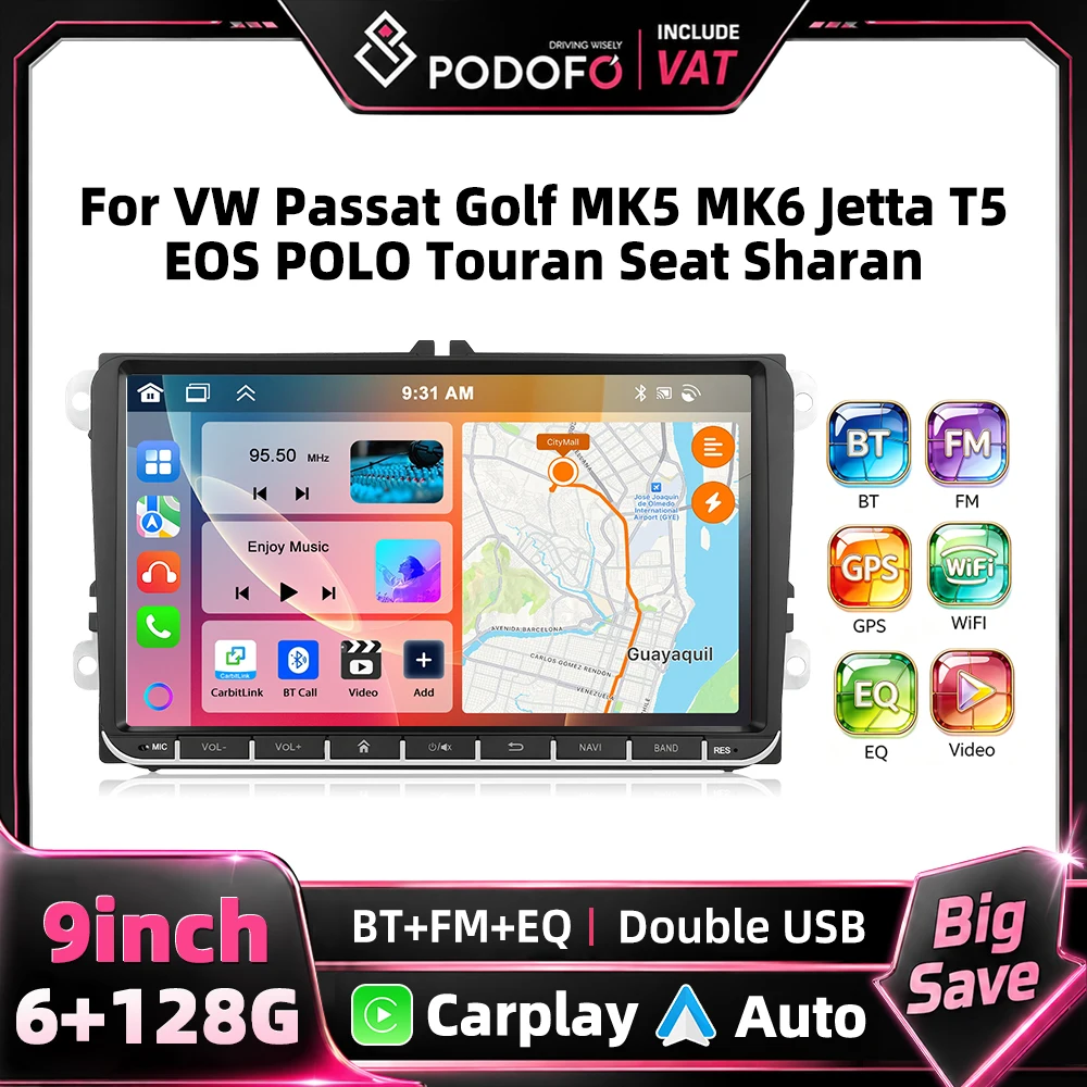 Podofo 6+128G Android 2Din Car Radio Stereo 9" Touch Screen GPS Navigation for VW Volkswagen Passat Golf MK5 MK6 Jetta T5 EOS POLO Touran Seat Skoda Multimedia Player