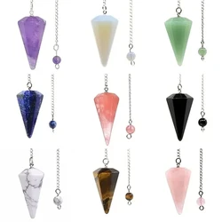 Natural Stone Hexagonal Cone Rose Quartz Tiger Eye Spirit Pendulum Agate Crystal Charms for Jewelry Making Necklace Accessories