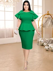 Modest Women Plus Size Midi Dress Round Neck Bow Ruffle Beading Short Sleeve High Waist Pencil Bodycon Formal Evening Event Gown