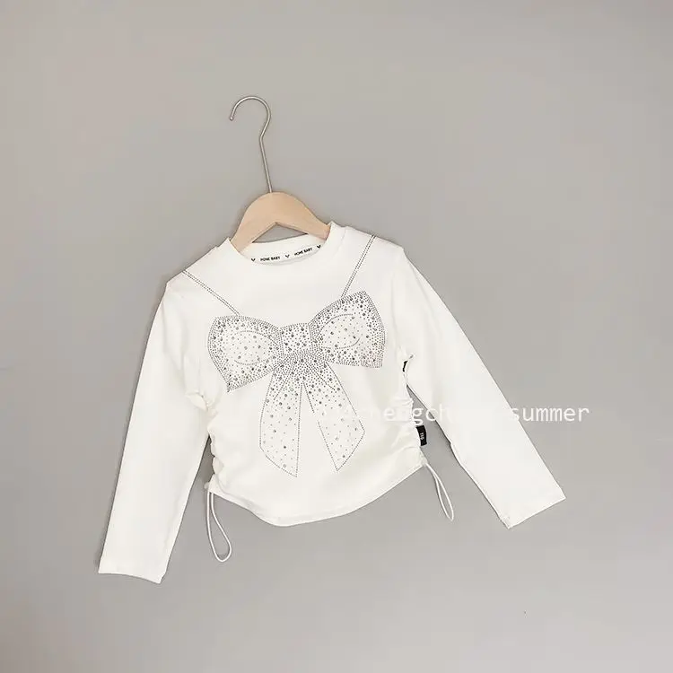 Kids Girls Rhinestone T-shirts Bow Printed Drawstring Crop Tops Black White 2024 New Spring Autumn Undershirts Korean Style