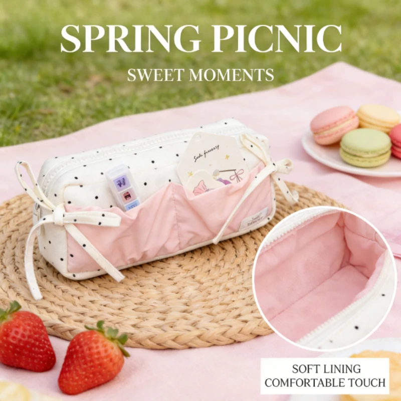 

Polka Dot & Strawberry Pencil Bag - White with Pink Accents, Heart Bow Design, Zippered Compartment,