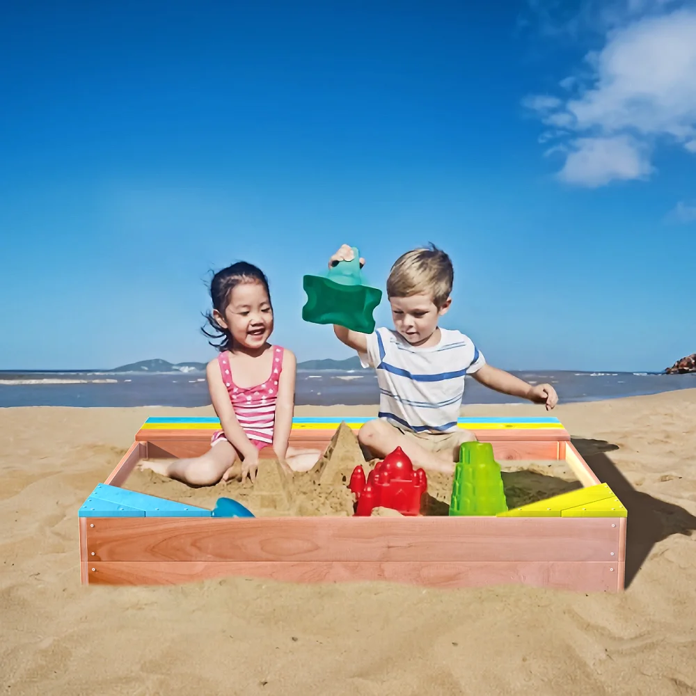 Houten zandbak voor kinderen, zandbak, houten kinderspeelset buiten achtertuin, 47,25"L x47,25"B x 7,87"H,Goudrood