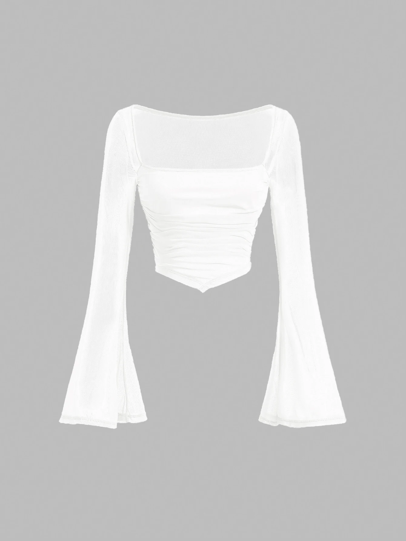 

Women's Contrast Mesh Ruched Flounce Sleeve Hanky Hem Tee, Casual Long Sleeve Square Neck T shirt