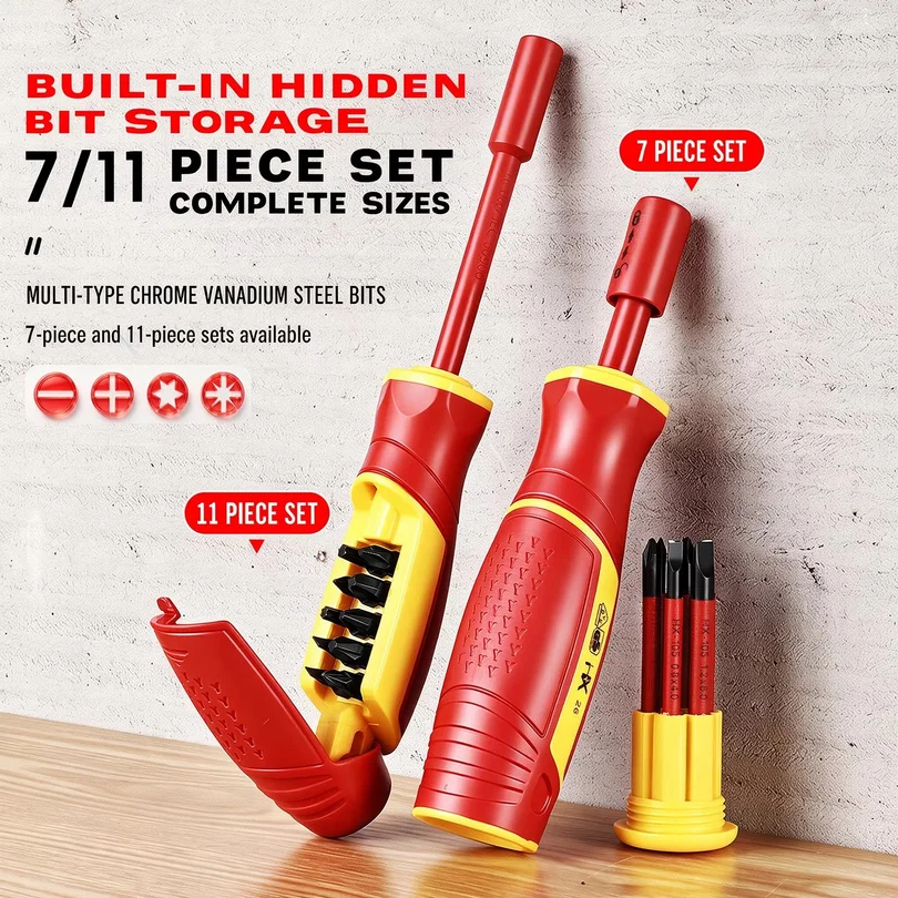 Insulated Screwdriver Set Magnetic Phillips Slotted Bits Interchangeable Multi-Purpose Electrician Tool Motorcycle Repair