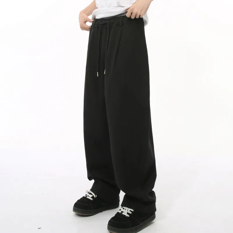 LEVIORTIN Men's Simple Sweatpants Drawstring Elastic Waist Solid Color Menwear Straight Loose Wide Leg Trousers Male Bottom