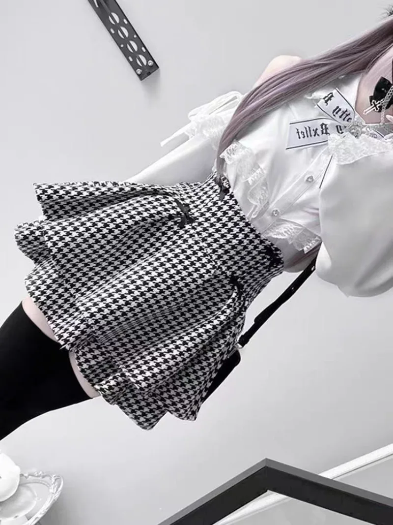 Japanse Kawaii meisje zoete kant lange mouw off-shoulder shirt + hoge taille duizend vogel halve rok 2-delige set meisjes nieuwe kleding