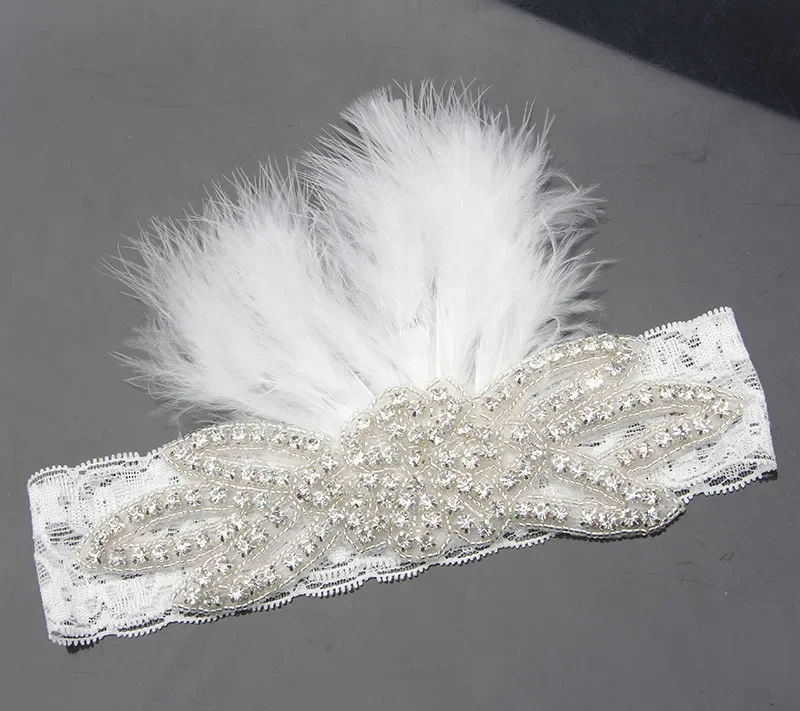 Nishine Girls Kids Flower Rhinestone Elastic Lace Headband Newborn Feather Crown Soft Headwear Party Wedding Hair Accessories