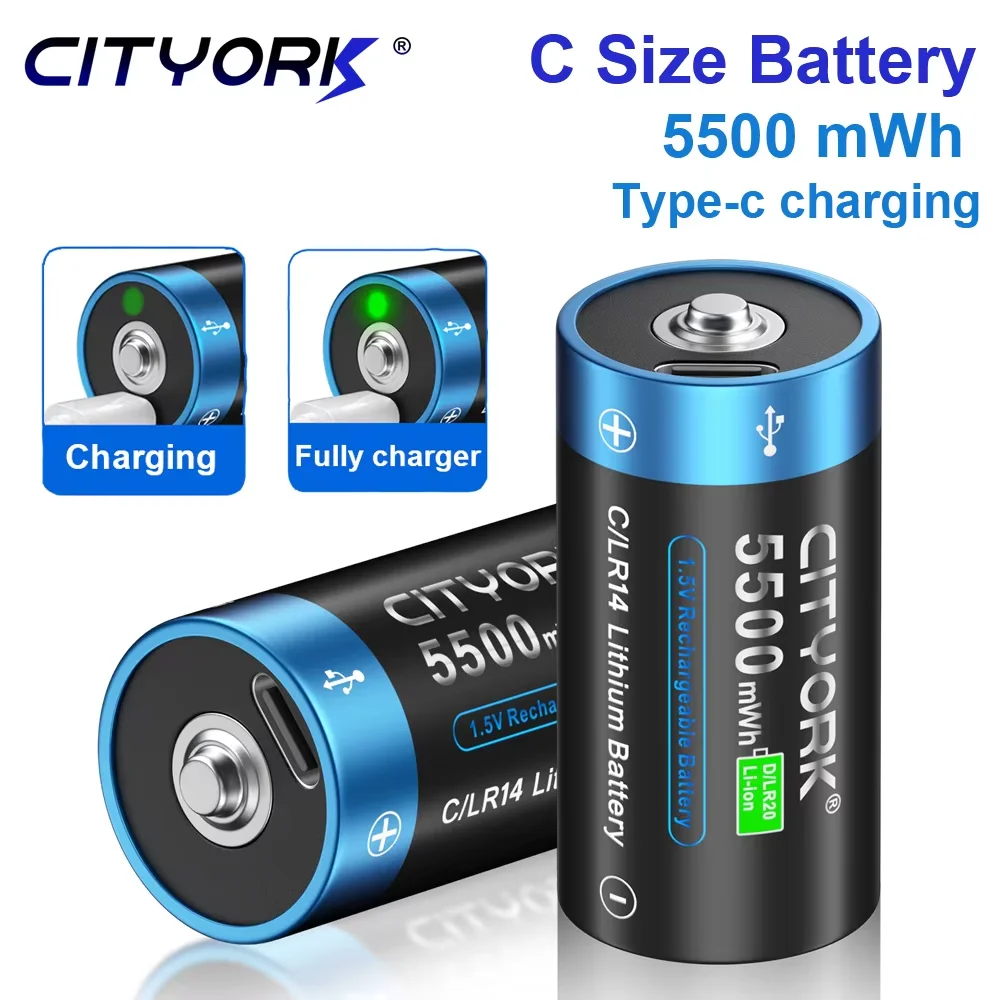 CITYORK 1.5V C Size Rechargeable Battery R14 LR14 Batteries Li-ion Type-C USB Charging for Flashlight Gas Cooker 100% Original