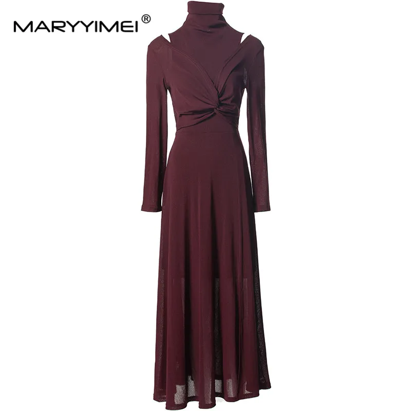 

MARYYIMEI Autumn and Winter Women's Dress Turtleneck Long Sleeved High waist Slim Hollow Out Chic Elegant Designer Dresses