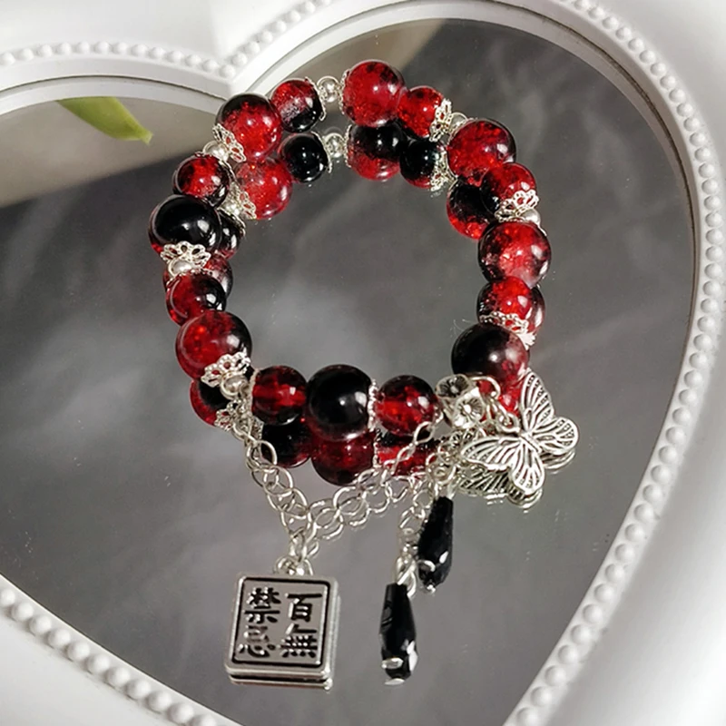 Rotes Perlen armband im chinesischen Stil für Frauen, die Schmetterlings quasten ketten anhänger armbänder mit dunklem gotischem Schmuck – Detail 4