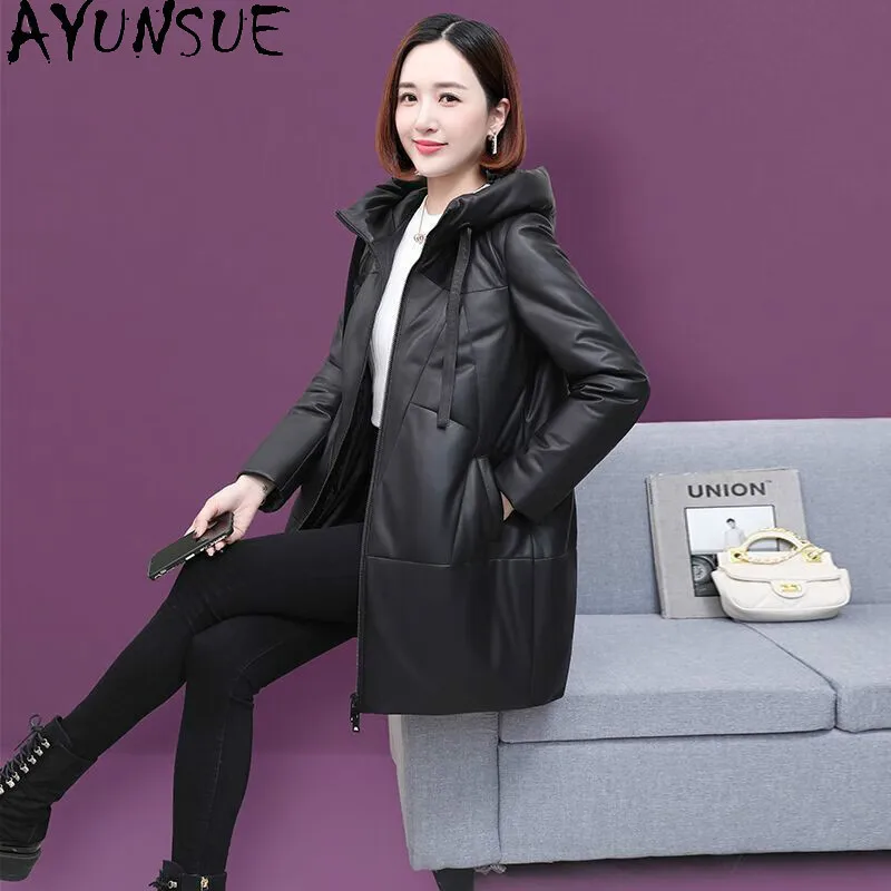 AYUNSUE 정품 가죽 자켓 여성 90% 화이트 오리 다운 겨울 의류 2025 여성용 중간 길이 양피 코트 Jaqueta Couro
