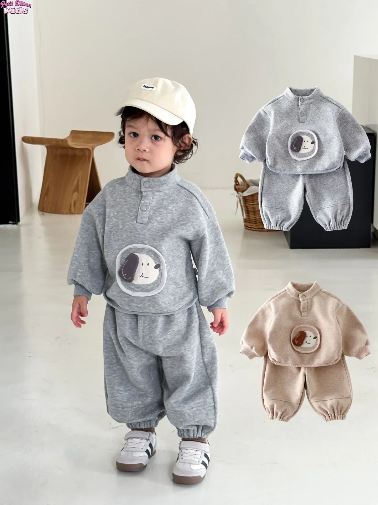 

Baby Girls Boys Cotton Stand Collar Outfit 0-5Y Infant Puppy Applique Sweatshirt and Pants Set Cute Casual Two Piece Tracksuit