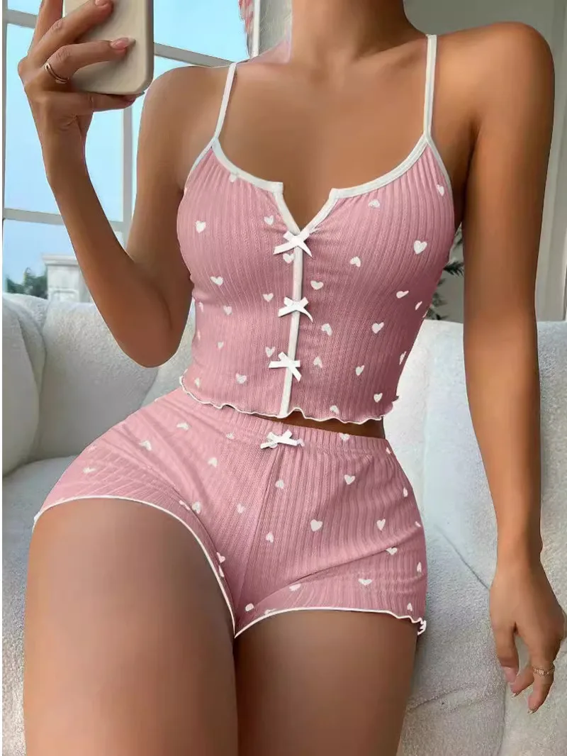 2024 New Heart-shaped Printed Contrasting Color Low Collar Sling Top+high Waisted Slim Casual Shorts Two Piece Set 0XQ4