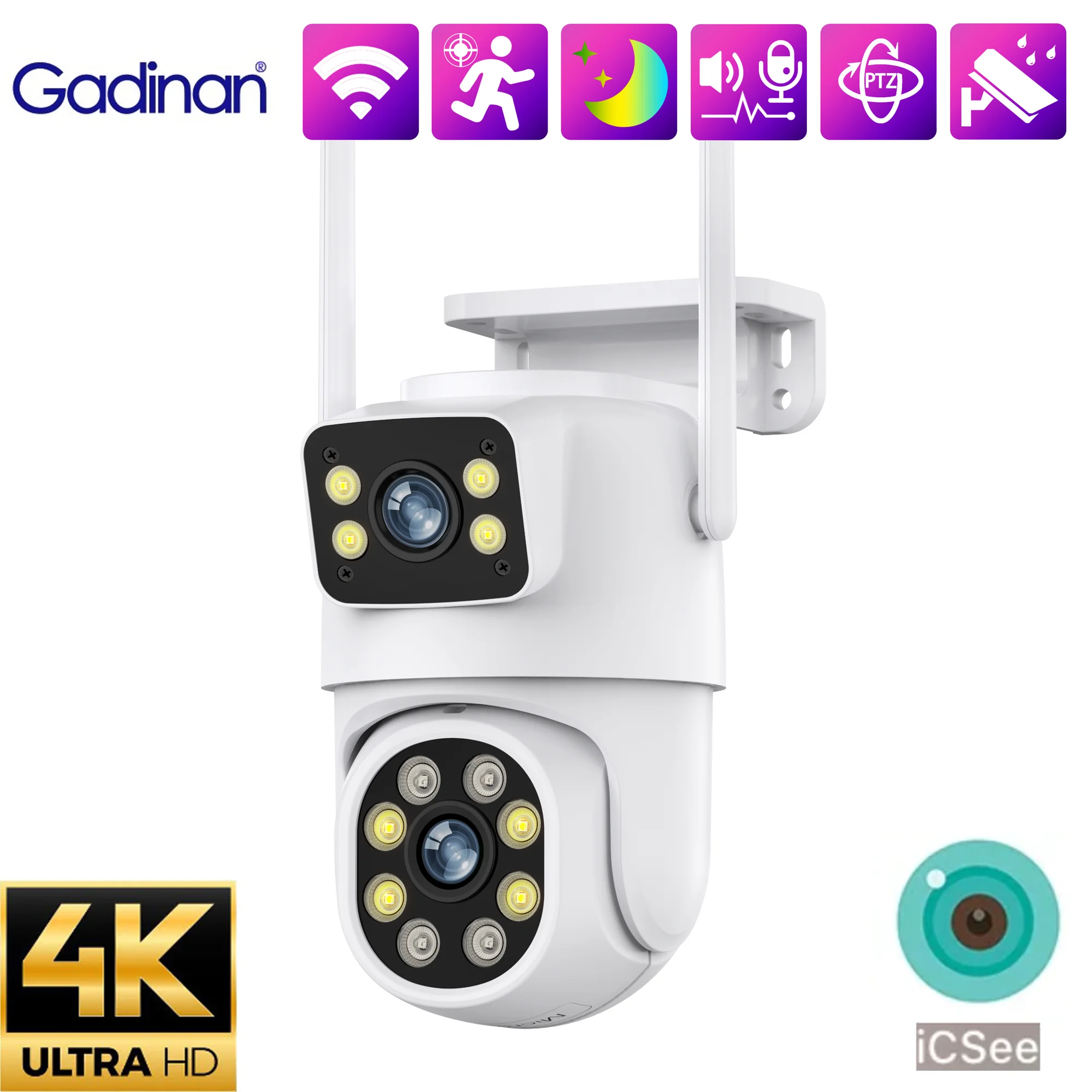 

Gadinan PTZ 4K 8MP двойной объектив Wi-Fi камера цвет ночного видения наружное обнаружение человека безопасность видеонаблюдение iCSee App