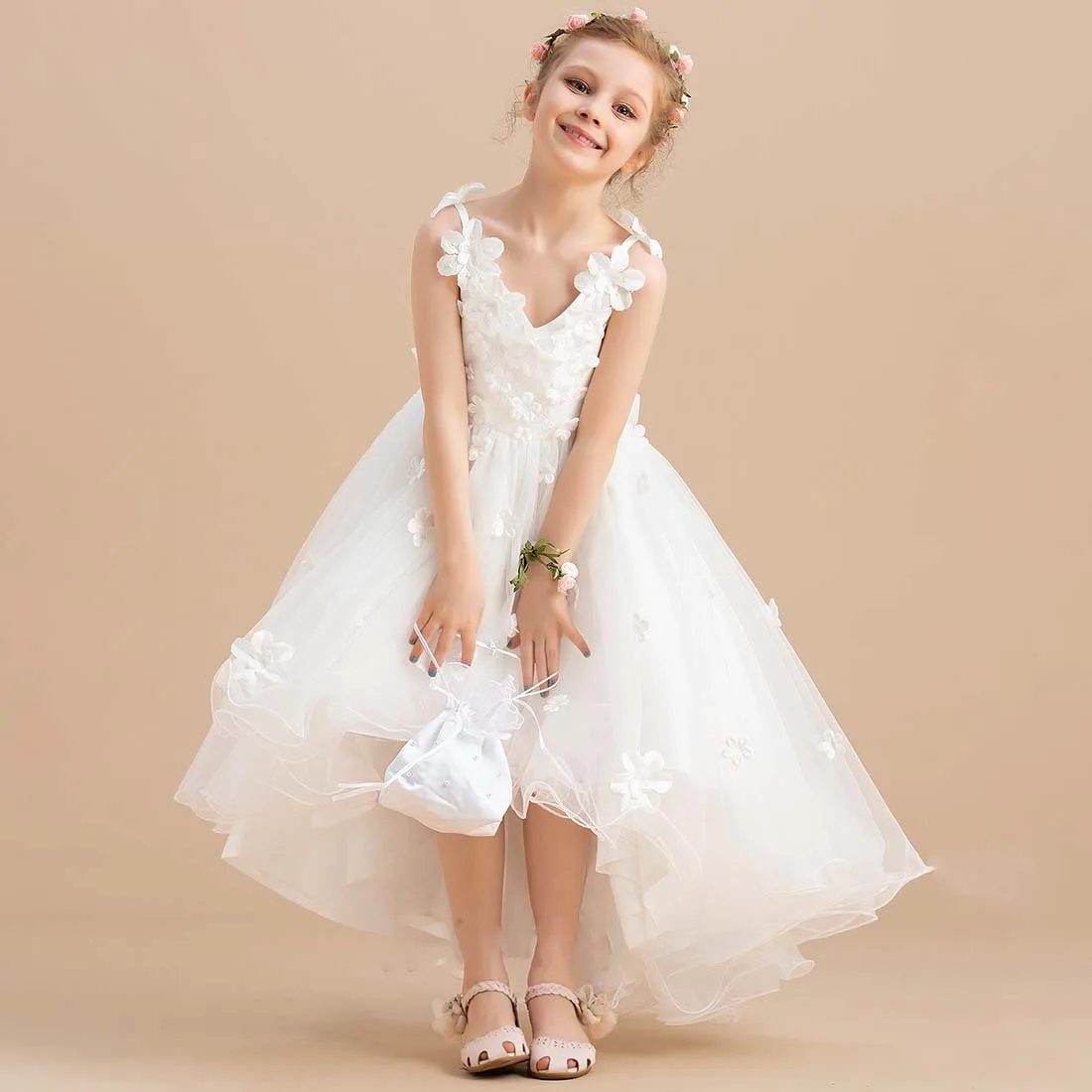 YZYmanualroom Ball-Gown Princess Junior Bridesmaid Dresses V-Neck Asymmetrical Tulle Flower Girl Dress 4-15T