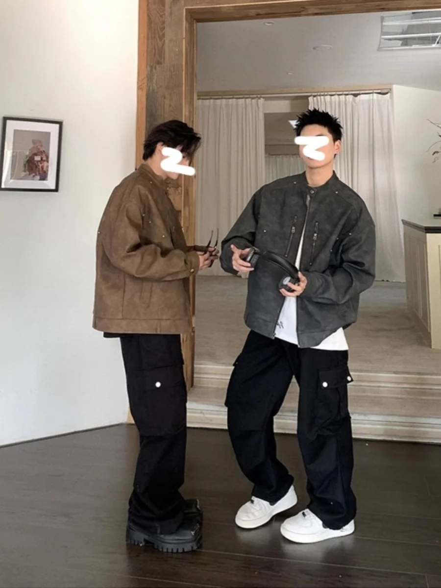 

American Sle PU Leather Jaet Stand Collar Rivet Faion Retro Trendy Match All Autumn Winter Men's Clothing Outerwear