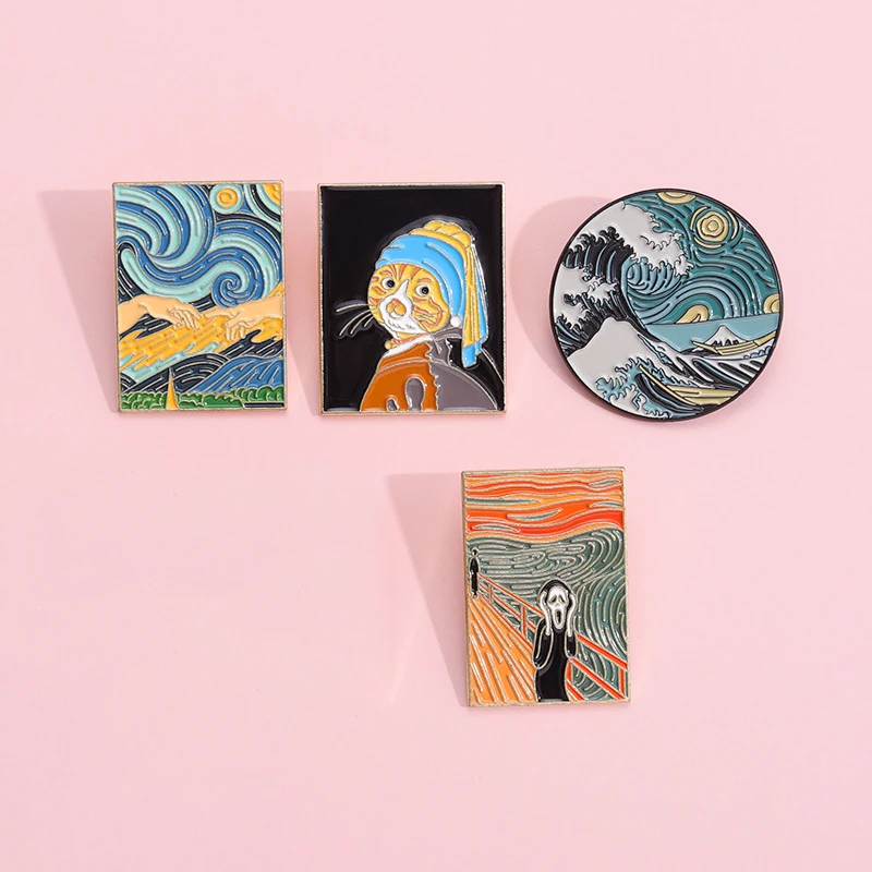 Kreatywny artystyczny obraz broszka emaliowana obraz olejny słonecznik kreskówka gwiaździste niebo czarny kot metalowa plakietka Punk obraz przypinka prezent