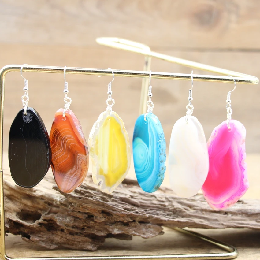 Colourful Agates Slice Hook Earrings Irregular Raw Stone Slab Dangle Reiki Eardrop Women Party Wedding Summer Jewelry QC7020