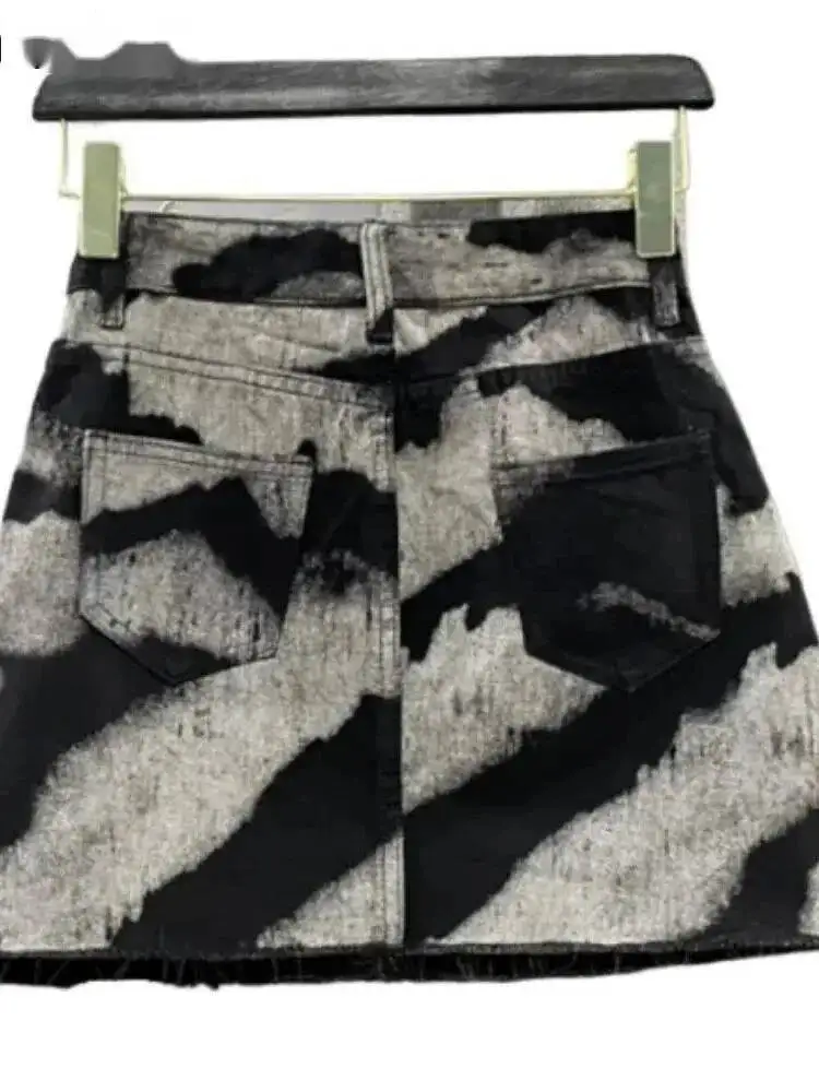 Grau Tie Dye Druck Mode Denim Mini Röcke Frauen Hohe Taille Taste Tasche A-line Jean Röcke Sexy Y2K Streetwear Y207