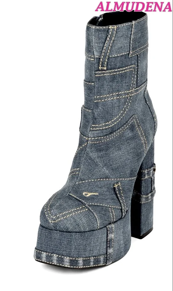 Kobiety niebieski Denim platformy botki Chunky Heel fajne wysokie obcasy zamek kowbojki Plus rozmiar buty designerskie 2023 nowy