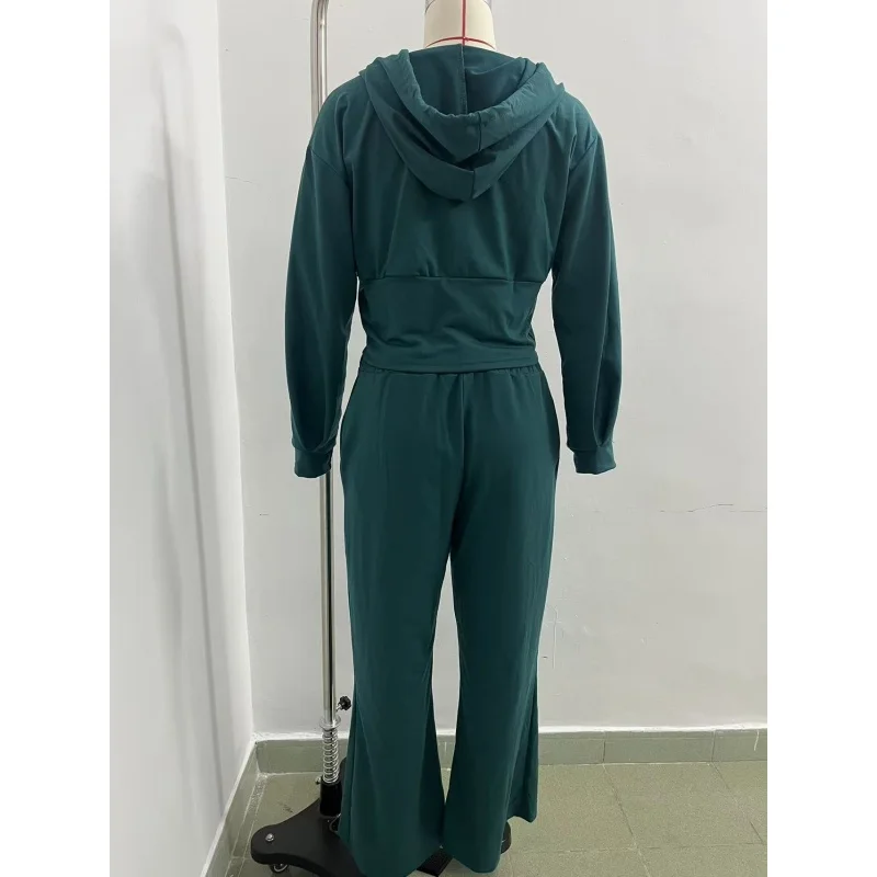 Damen 2-teiliger Trainingsanzug mit Kapuze, Reißverschluss-Crop-Jacke und hochtaillierter Schlaghose, lässiges Sport-Outfit für Damen – Detail 10
