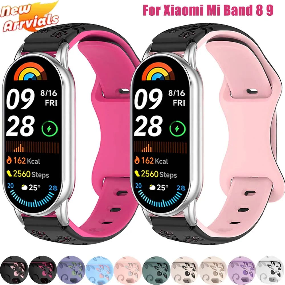 Damen-Armband mit Silikonblume, 3D-Gravur, für Xiaomi Band 9, NFC-Smartwatch, atmungsaktives Armband für Xiaomi Band 8, NFC-Armband