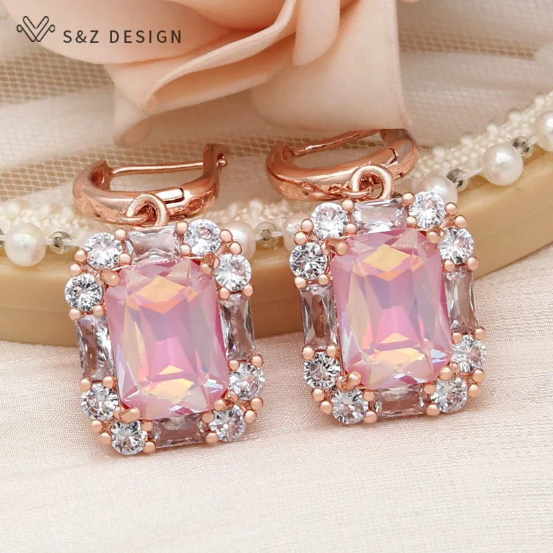 

S&Z DESIGN New Fashion Rectangle Crystal Dangle Earrings For Women 585 Rose Gold Color Wedding Jewelry Cubic Zirconia Eardrop