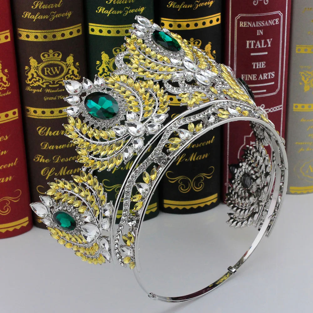 HIMSTORY Baroque Green Crystal Full Round Crown Big Tiara Large Rhinestones Princess Queen Headpiece Wedding Hair Accessories