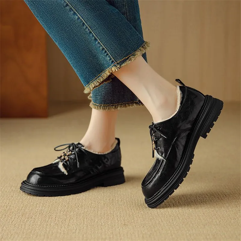 New Spring Autumn Genuine Leather Women Pumps Shoes for Women Fashion Round Toe Lace Loafers Shoes Zaptos Mujer Deep Mouth Shoes - Image 3